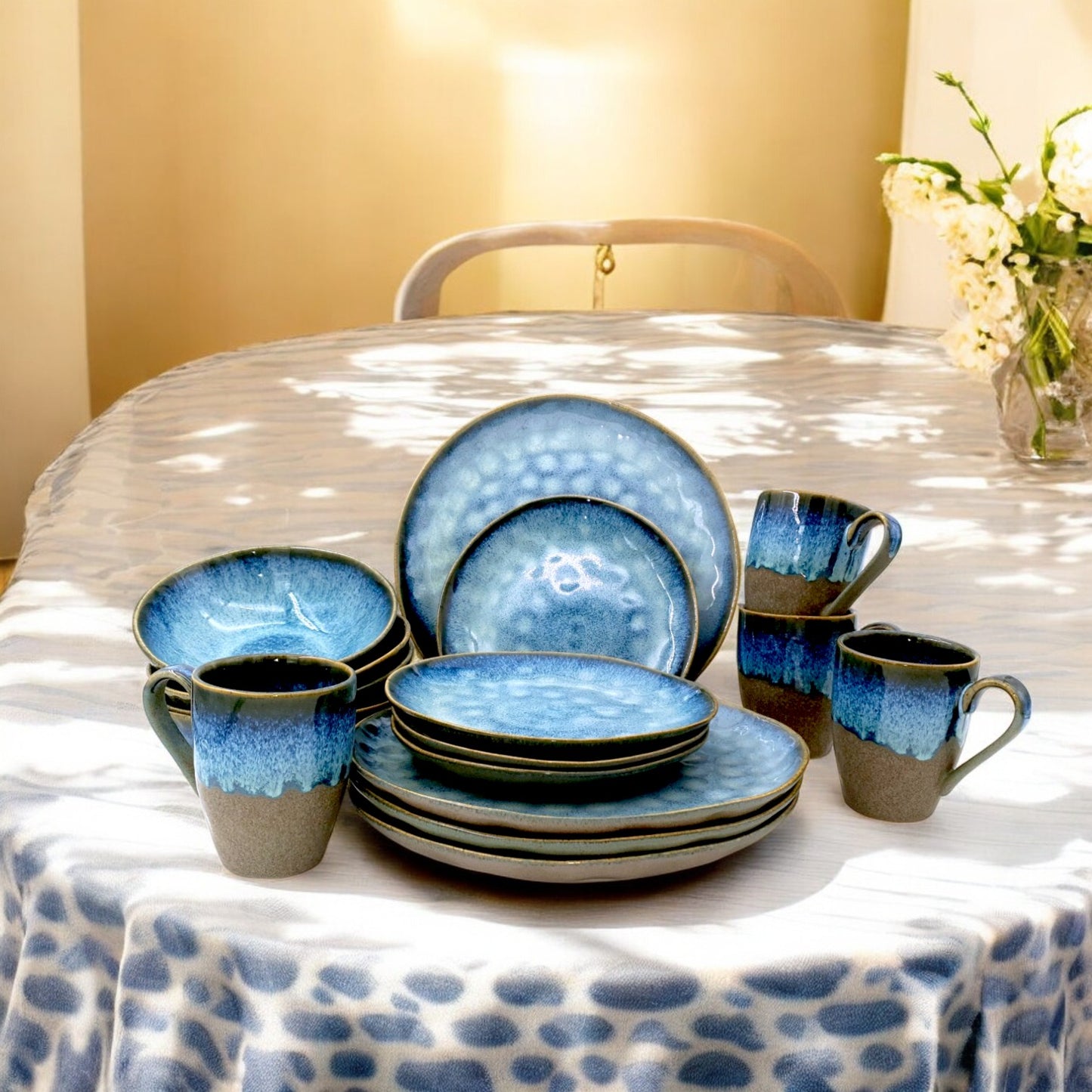 Waterdrop Blue Jeans Stoneware Crockery Set - 16-Piece Dinnerware Set - Stylish and Durable for Dining, Serving, and Entertaining with a Trendy and Casual Aesthetic