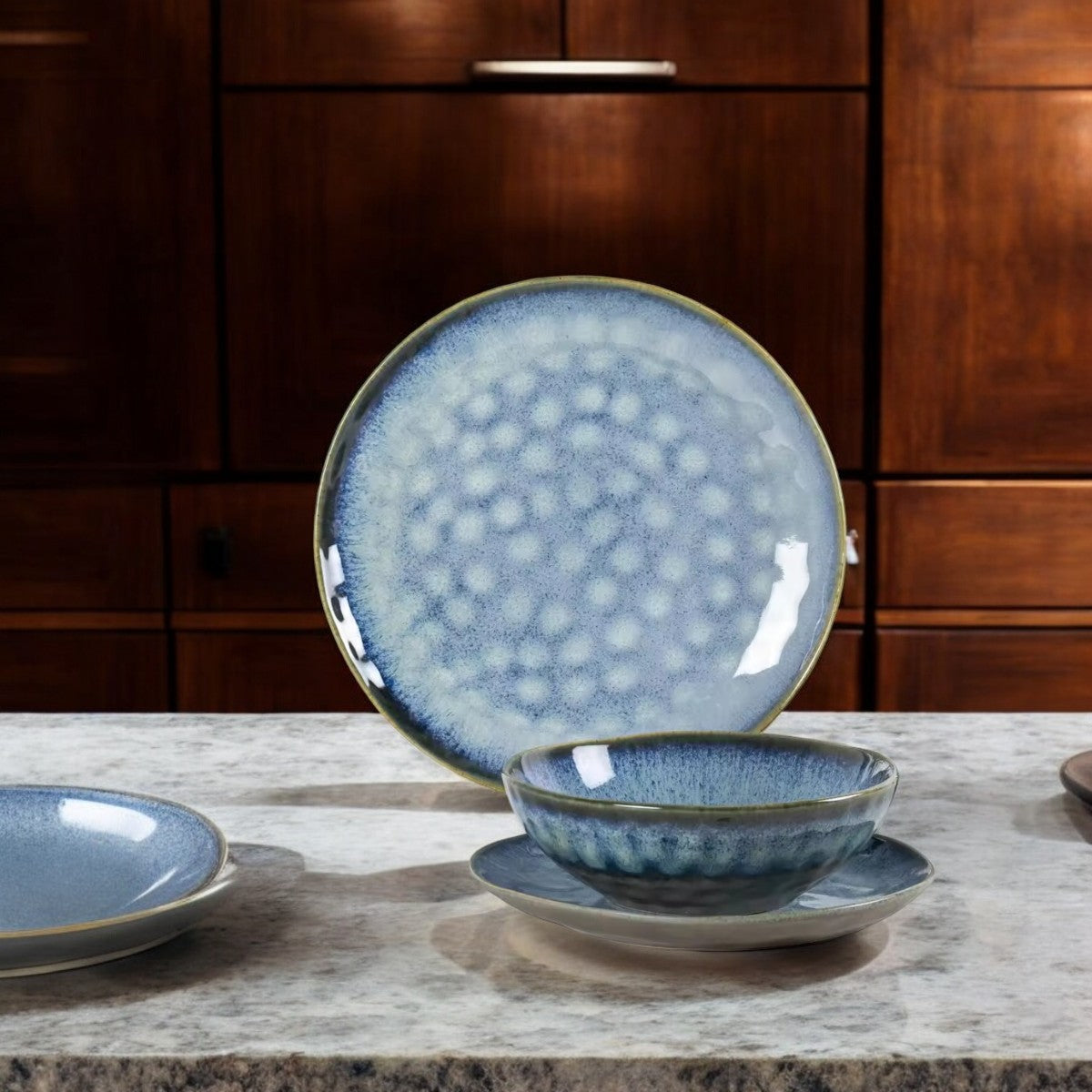 Waterdrop Blue Jeans Stoneware Crockery Set - 16-Piece Dinnerware Set - Stylish and Durable for Dining, Serving, and Entertaining with a Trendy and Casual Aesthetic