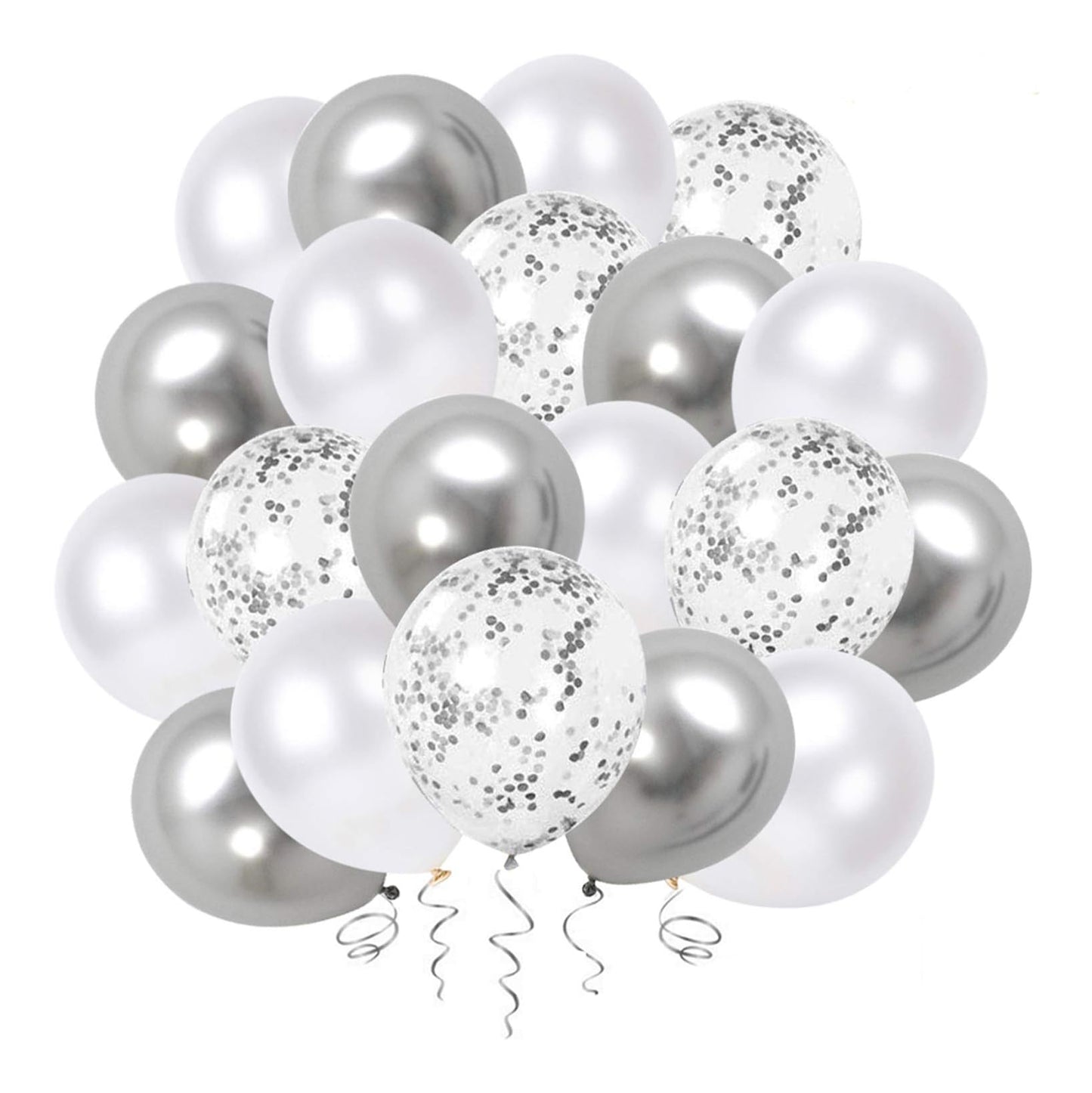 White Silver Balloon Garland Arch Kit, 100 Pcs Set, 5In, 10In, 12In Metallic Chrome & Silver Confetti Balloons, DIY Party Decoration for Birthday, Wedding, Baby Shower & Events