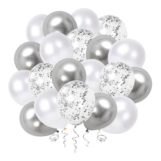 White Silver Balloon Garland Arch Kit, 100 Pcs Set, 5In, 10In, 12In Metallic Chrome & Silver Confetti Balloons, DIY Party Decoration for Birthday, Wedding, Baby Shower & Events