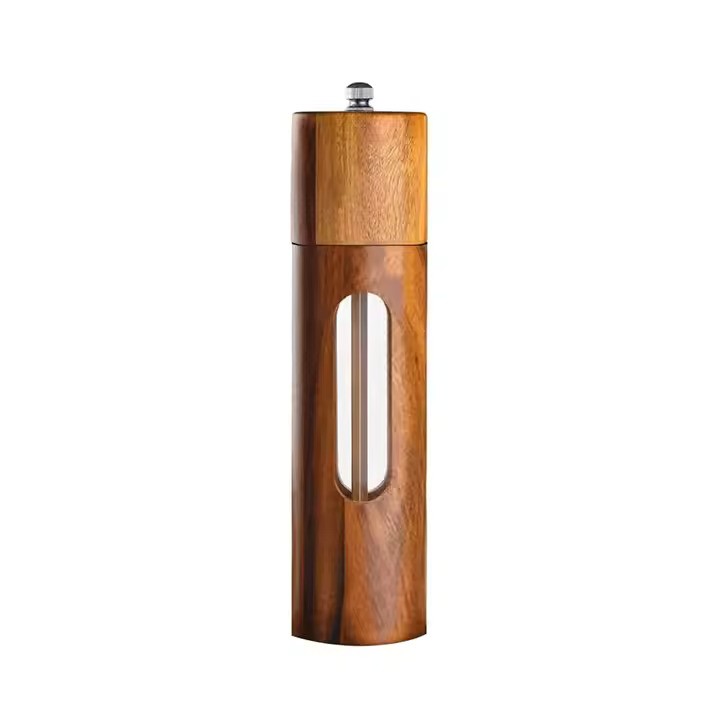 Premium 6-inch acacia wood salt and pepper grinder set – elegant and durable seasoning mills with adjustable ceramic grinding mechanism, perfect for fresh spice grinding, kitchen, and dining table use.
