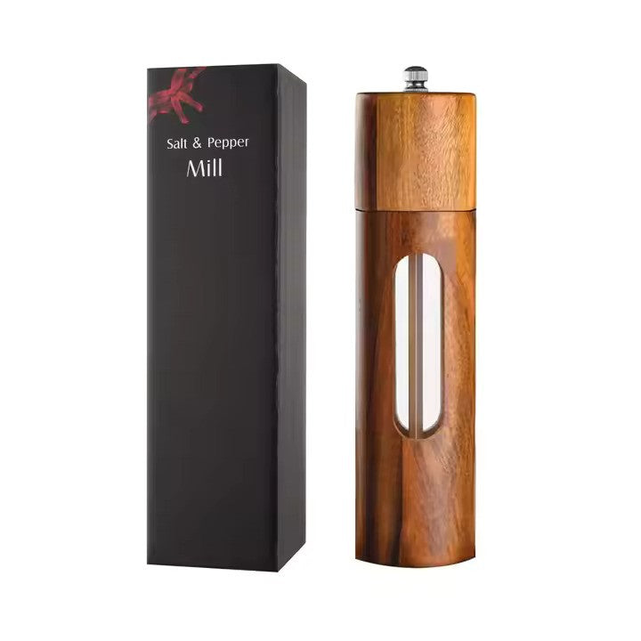 Premium 6-inch acacia wood salt and pepper grinder set – elegant and durable seasoning mills with adjustable ceramic grinding mechanism, perfect for fresh spice grinding, kitchen, and dining table use.