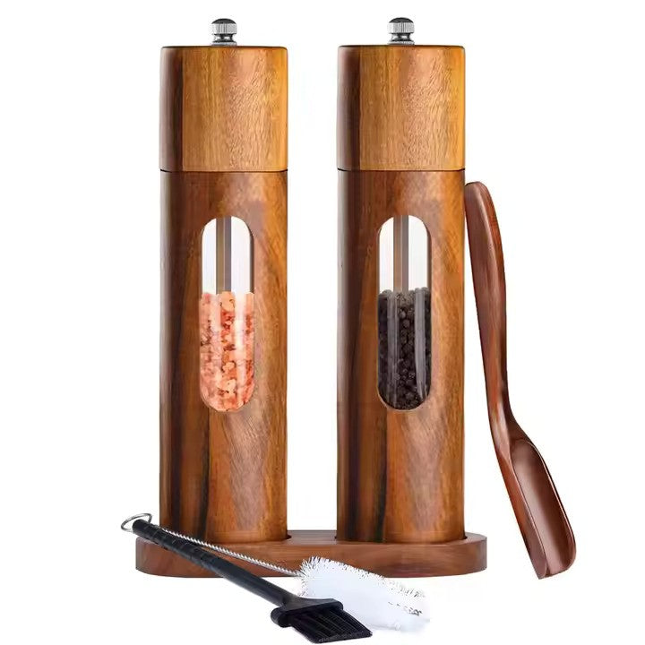 Premium 6-inch acacia wood salt and pepper grinder set – elegant and durable seasoning mills with adjustable ceramic grinding mechanism, perfect for fresh spice grinding, kitchen, and dining table use.