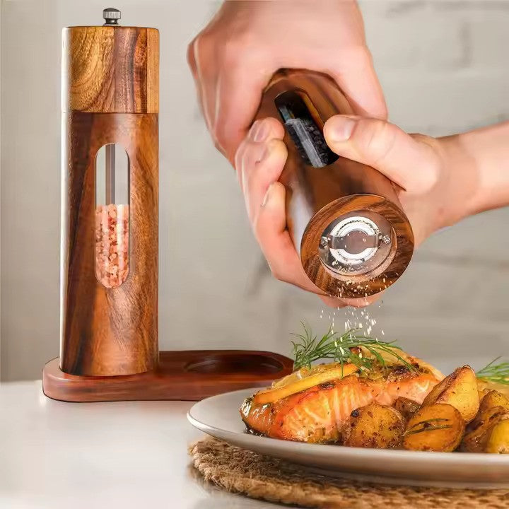 Premium 6-inch acacia wood salt and pepper grinder set – elegant and durable seasoning mills with adjustable ceramic grinding mechanism, perfect for fresh spice grinding, kitchen, and dining table use.