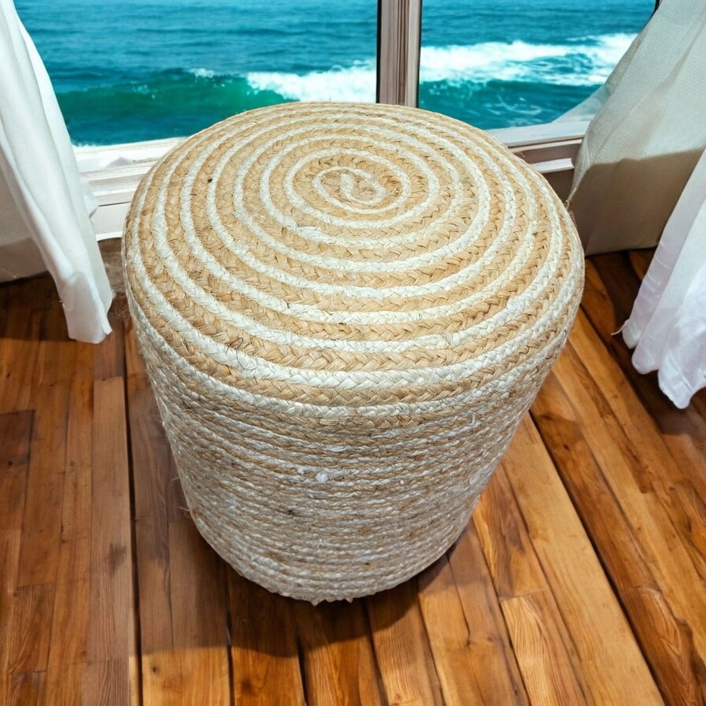 PUNE Striped Jute Braided Round Pouf 40x40x40cm - Handwoven Natural Jute Ottoman, Versatile Seating & Decor, Eco-Friendly, Sturdy, Lightweight Pouf for Living Room, Bedroom, or Patio