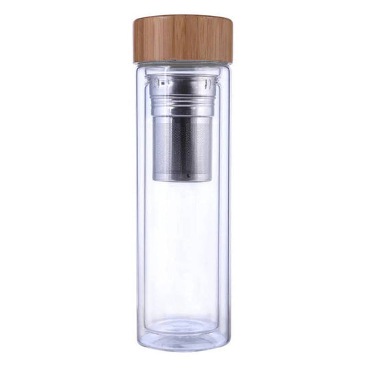 400 ML Glass Bottle with Wooden Cover - Eco-Friendly Clear Water Bottle with Filter - Stylish and Practical for Daily Hydration, Travel, and Eco-Conscious Living