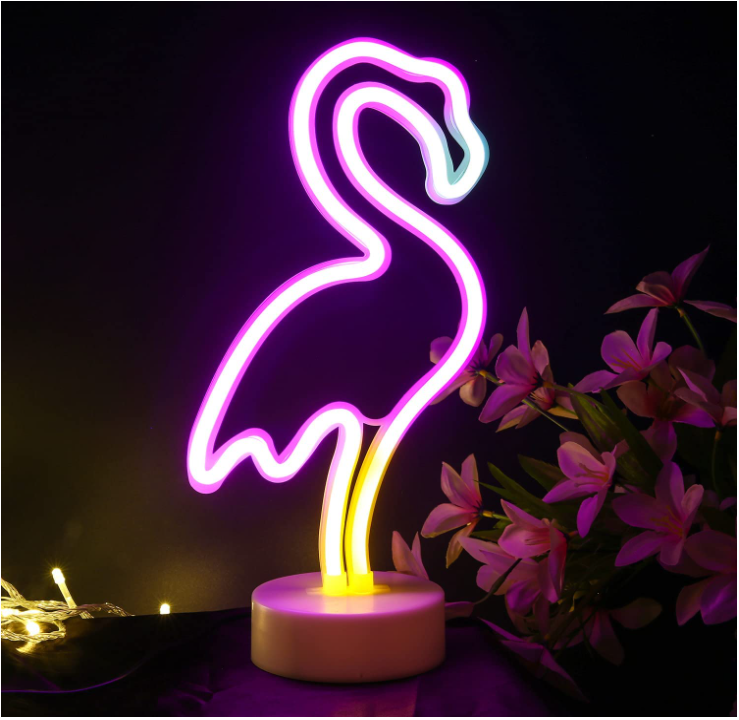 Flamingo Neon Sign LED Decoration Battery USB, Green Light, 33cm Height, Tropical Theme Night Light
