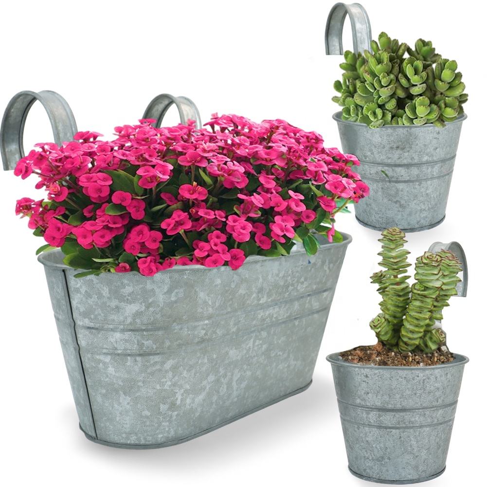 Custom Metal Iron Planter Hanging Flower Pot Hanger Zinc Bucket For Garden Balcony Railing Wall Planter outdoor