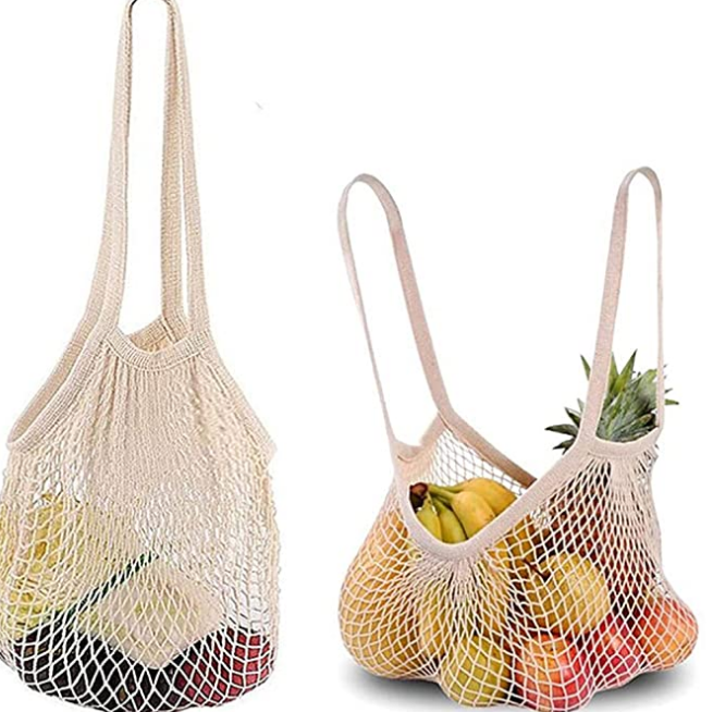 Natural Color 35X36CM Long Handle Eco Friendly Mesh Shopping Bag For Supermarket and Grocery Use