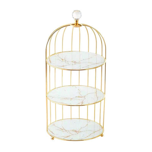 New Design Afternoon 3 Tier High Tea Cake Stand Golden Metal Birdcage Rack Wedding Marble Cake Stand