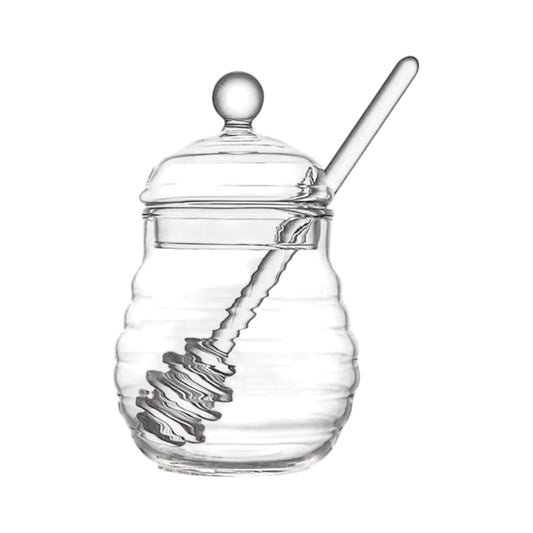 Glass Honey Jar with Dipper - Elegant and Practical Honey Storage - Made of Clear Glass for Easy Viewing - Includes a Wooden Dipper for Convenient and Mess-Free Serving - Ideal for Kitchen or Dining Table Use