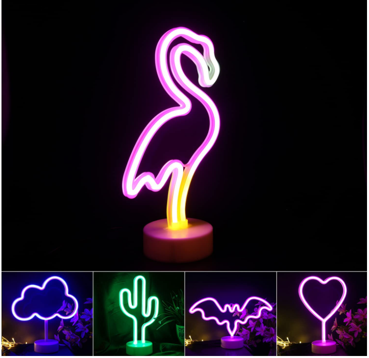 Flamingo Neon Sign LED Decoration Battery USB, Green Light, 33cm Height, Tropical Theme Night Light