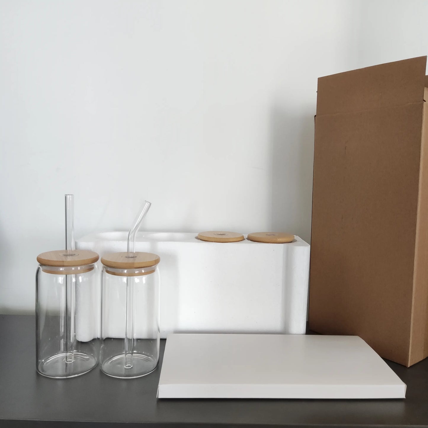 16oz Glass Drink Tea Cocktail Glass Coffee Cup Drinking Glasses with Bamboo Lids and Glass Straw Set