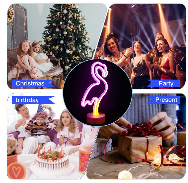 Flamingo Neon Sign LED Decoration Battery USB, Green Light, 33cm Height, Tropical Theme Night Light