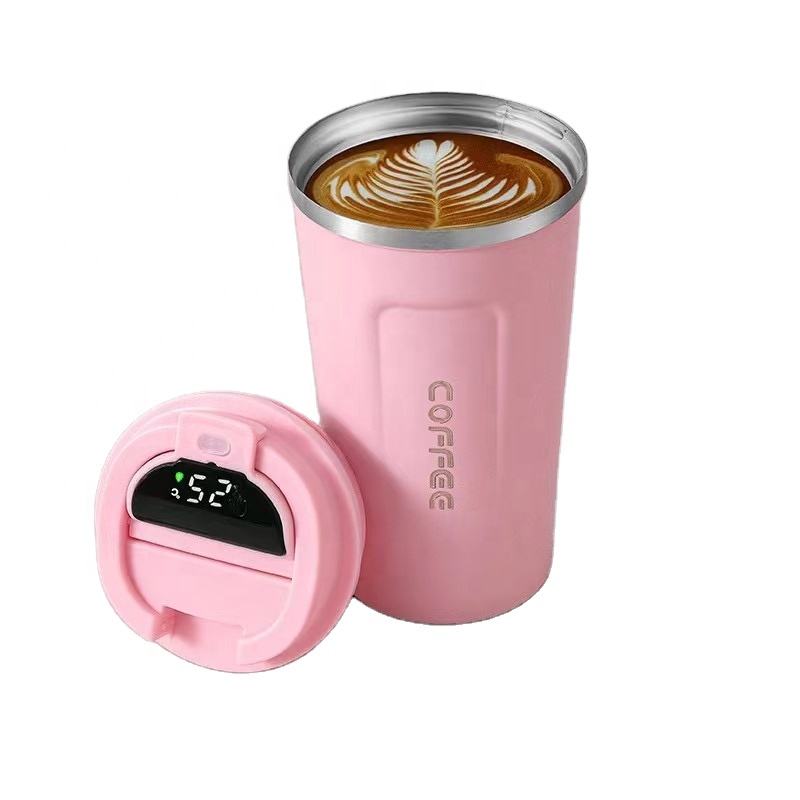 White Intelligent temperature display coffee cup 510Ml stainless steel double wall travel office coffee vacuum cup with cover