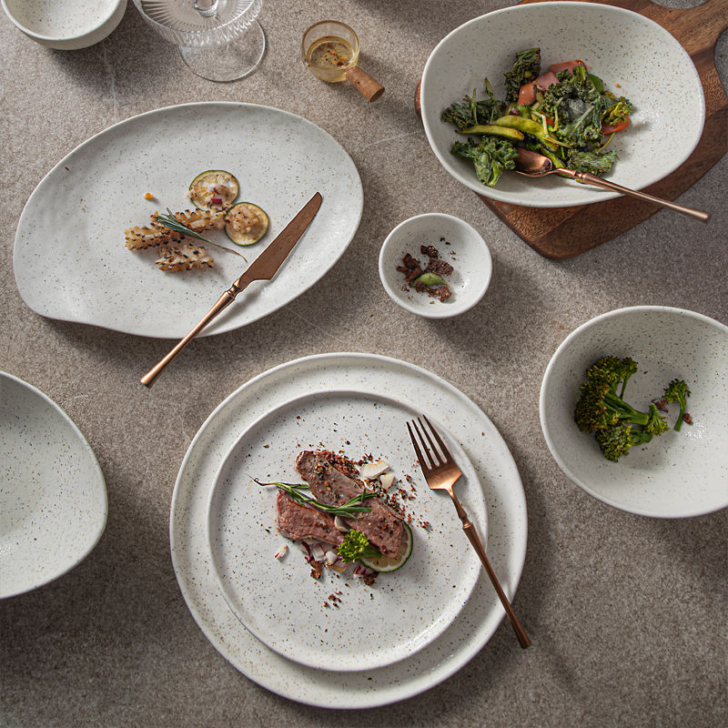 White Speckeld Japanese dinner dishes with spots for restaurant ceramics white 10" plate