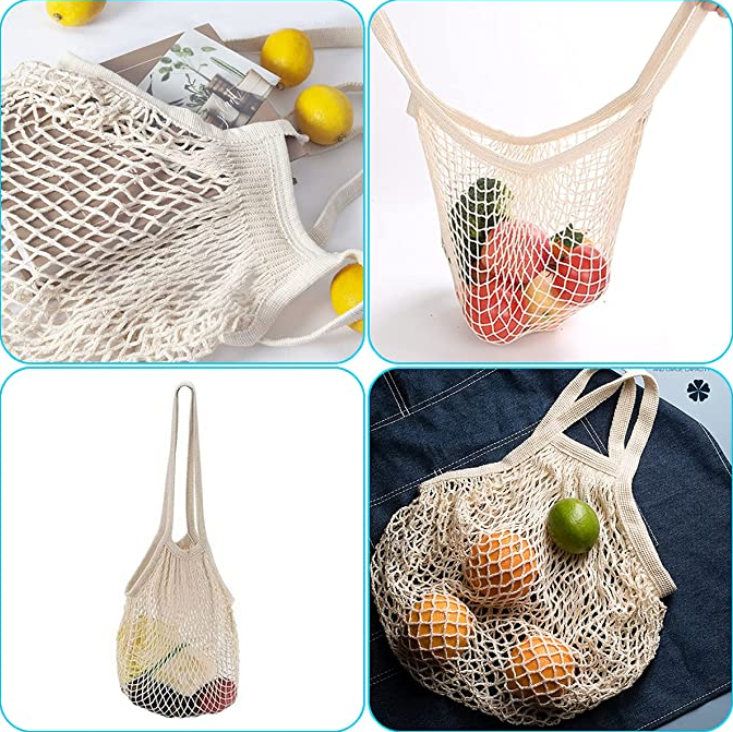 Natural Color 35X36CM Long Handle Eco Friendly Mesh Shopping Bag For Supermarket and Grocery Use