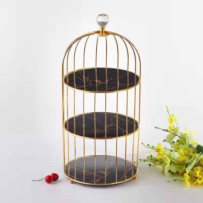 2-Tier Marble Dessert Stand with Metal Birdcage - Elegant Cake & Snack Display