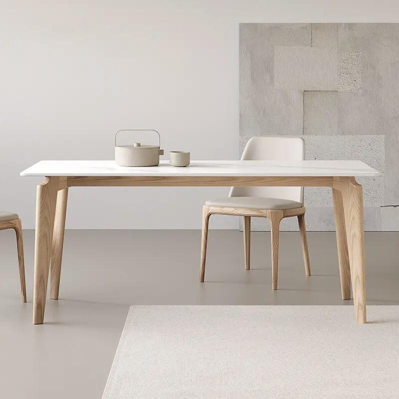 Modern Luxury Solid Wood Dining Table - Rectangular Mid-Century Design with Cream White Slate Top - Minimalist Banquet, Tea, or Center Table for Elegant Dining Rooms