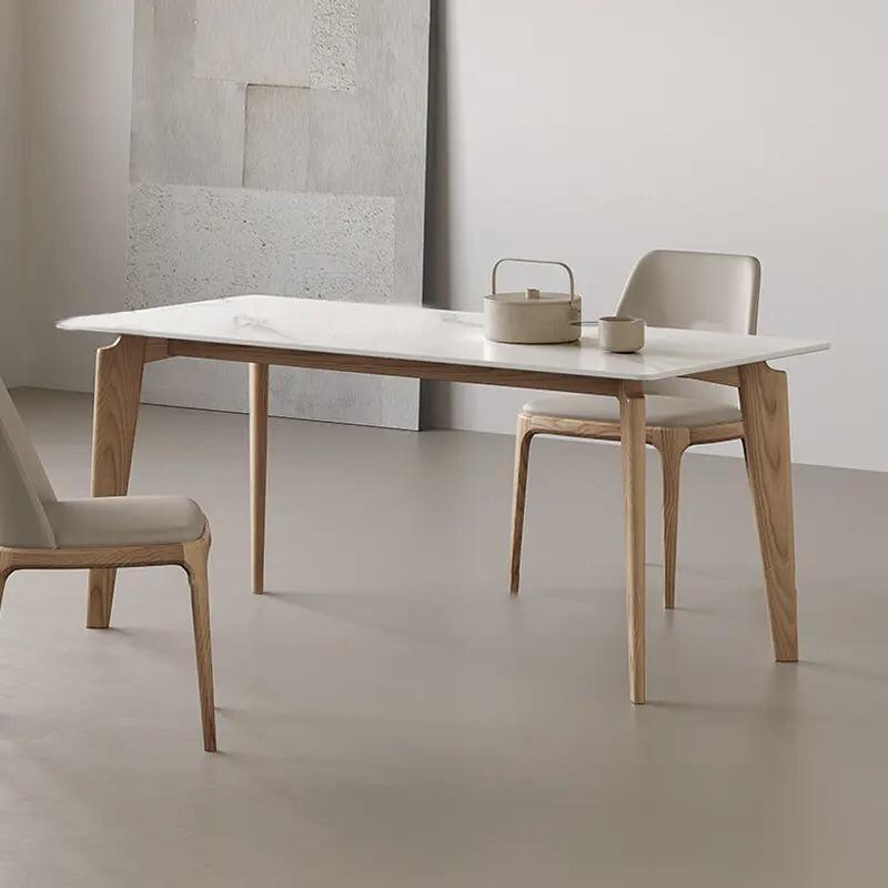 Modern Luxury Solid Wood Dining Table - Rectangular Mid-Century Design with Cream White Slate Top - Minimalist Banquet, Tea, or Center Table for Elegant Dining Rooms