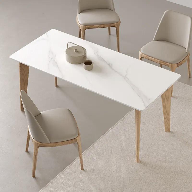 Modern Luxury Solid Wood Dining Table - Rectangular Mid-Century Design with Cream White Slate Top - Minimalist Banquet, Tea, or Center Table for Elegant Dining Rooms