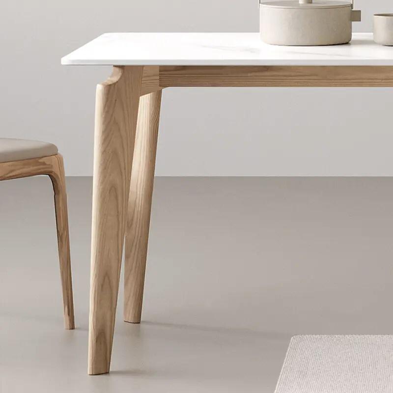 Modern Luxury Solid Wood Dining Table - Rectangular Mid-Century Design with Cream White Slate Top - Minimalist Banquet, Tea, or Center Table for Elegant Dining Rooms