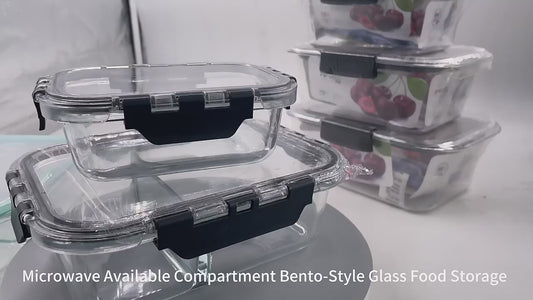 Food Storage Container 1200ml Square Clear Bento Glass Lunch Box Salad Bowl with Bamboo Cover