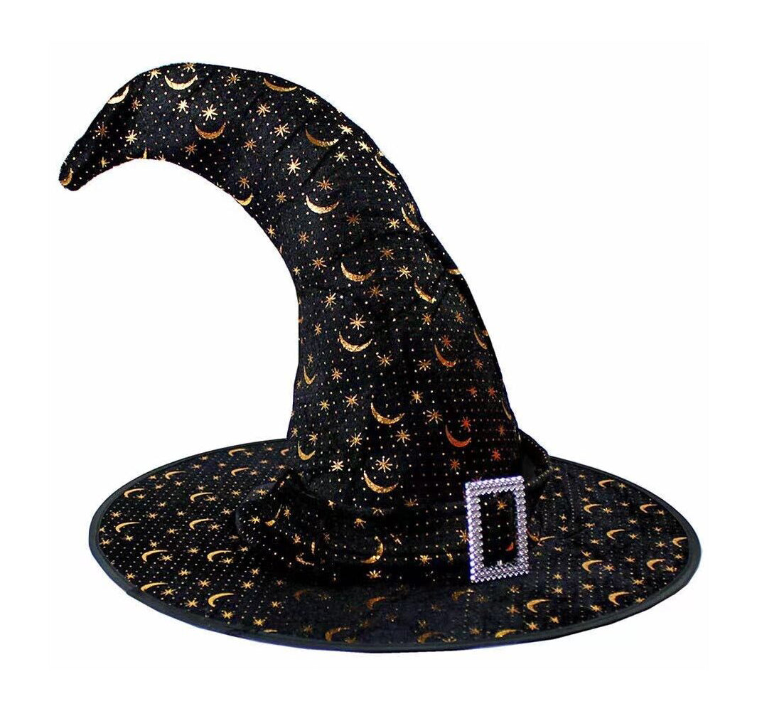 Black Horned Witch Hat – Halloween Costume & Party Decoration – Gothic Magic Hat with Star & Moon Design – Spooky Witch Accessory for Cosplay & Themed Events