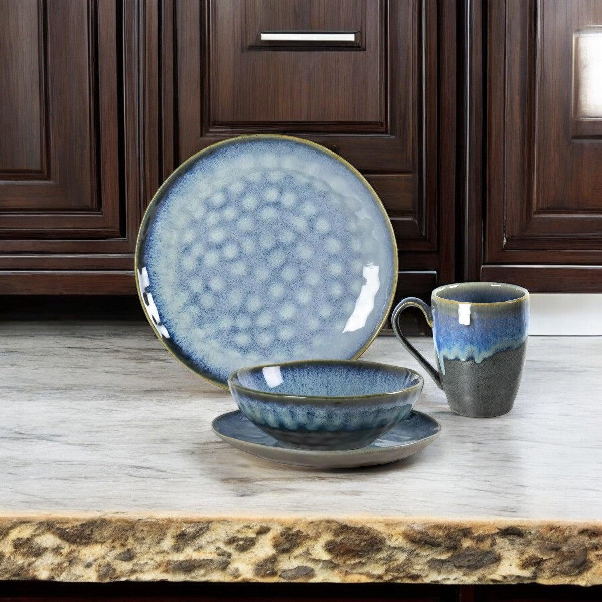 Waterdrop Blue Jeans Stoneware Crockery Set - 16-Piece Dinnerware Set - Stylish and Durable for Dining, Serving, and Entertaining with a Trendy and Casual Aesthetic