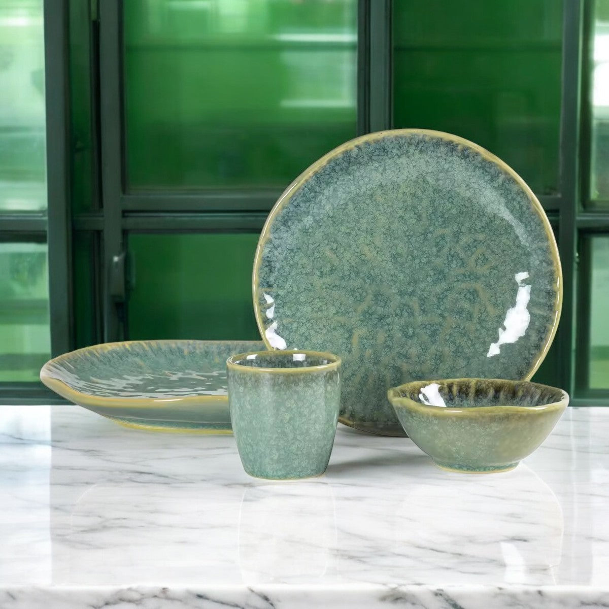 Embossed Crystal Green Stoneware Crockery Set - 16-Piece Dinnerware Set - Elegant and Durable for Dining, Serving, and Entertaining in Style