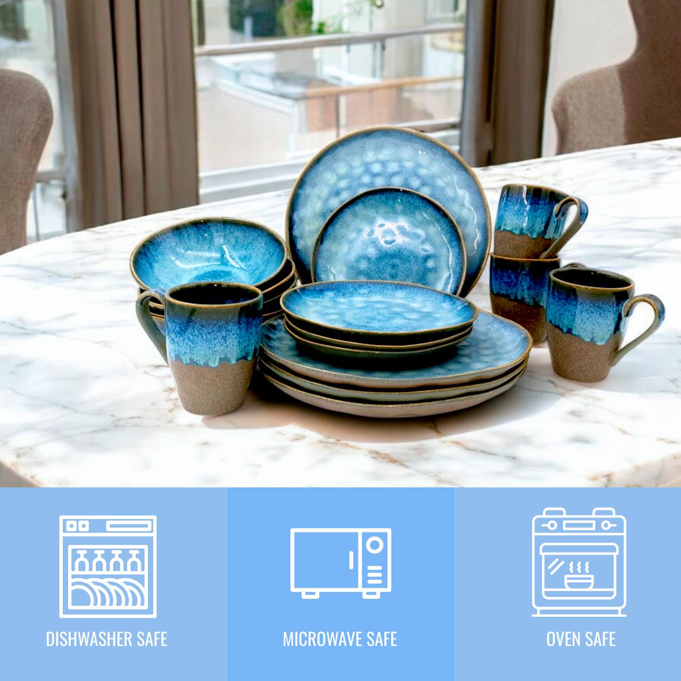 Waterdrop Blue Jeans Stoneware Crockery Set - 16-Piece Dinnerware Set - Stylish and Durable for Dining, Serving, and Entertaining with a Trendy and Casual Aesthetic