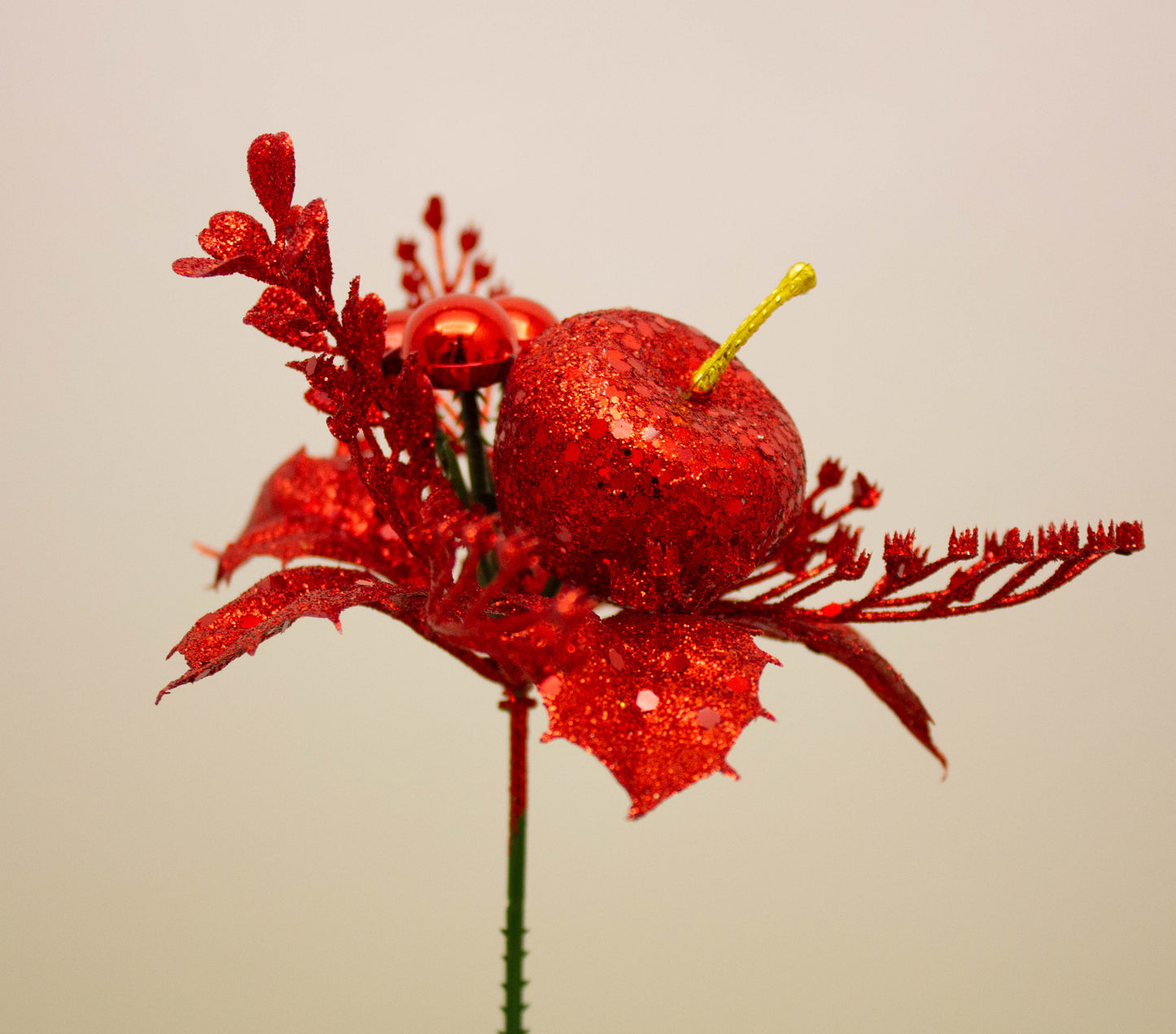 Glittered Apple & Holly Leaf Pick Red – Festive Decorative Pick with Sparkling Red Apples, Holly Leaves, and Berries – Perfect for Holiday Wreaths, Garlands, Floral Arrangements, and Seasonal Décor