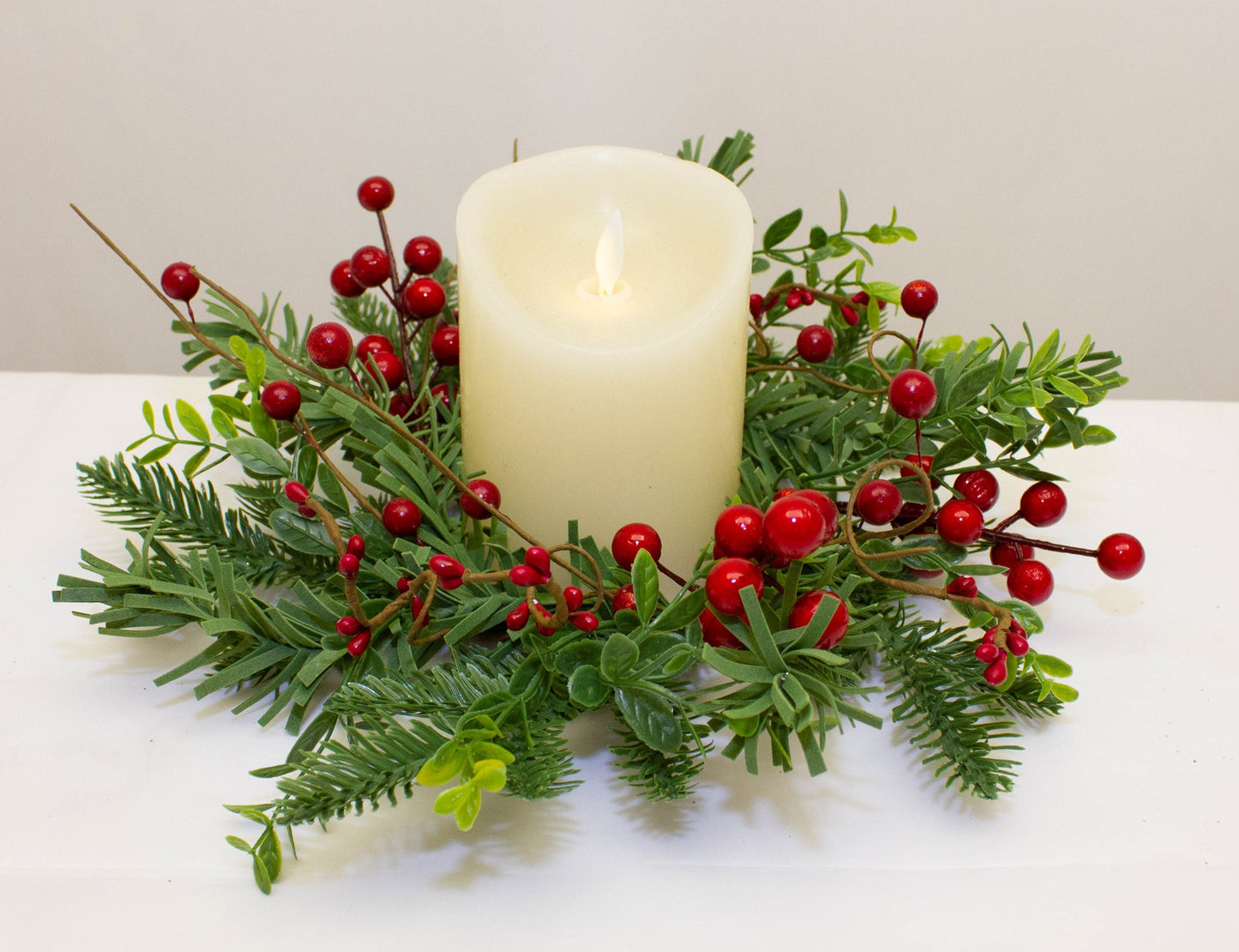 Berried Foliage Candle Ring 11 cm Festive Greenery Wreath for Table Decor, Holiday Centerpieces, Rustic Christmas Accents, Artificial Berry and Leaf Ring for Votive and Pillar Candles