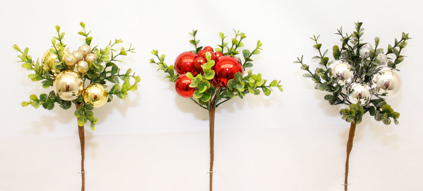 Eucalyptus & Bauble Pick (Set of 3) – Festive Artificial Picks with Eucalyptus Leaves and Decorative Baubles – Perfect for Holiday Arrangements, Wreaths, Garlands, and Seasonal Décor