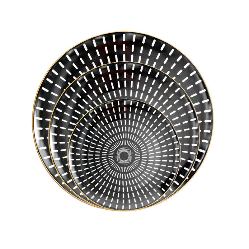 8-Inch Black Plates with Radial White Dots Premium Ceramic Dinnerware Set for Home and Restaurant Elegant Modern Design Durable and Scratch-Resistant for Everyday Use and Special Occasions
