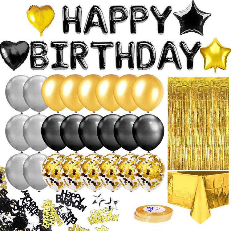 Black and Gold Party Decorations Confetti Balloons with Banner Star and Heart Stylish Celebration Set for Birthdays Weddings Graduations and Special Events