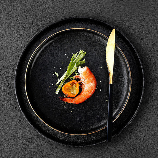 6-Inch Frosted Black Plate with Gold Rim Elegant Ceramic Dinnerware for Home and Restaurant Modern Matte Finish Durable and Scratch-Resistant for Everyday Use and Special Occasions