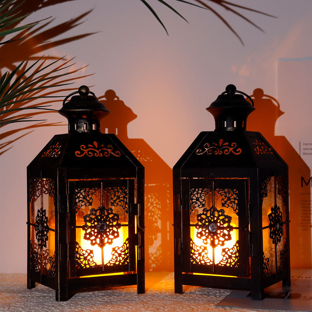 Black antique metal wind candle lantern – vintage retro hanging lantern with rusted metal & glass, classic design with handle for easy carrying, perfect for home décor, outdoor lighting, weddings, and rustic-themed settings.