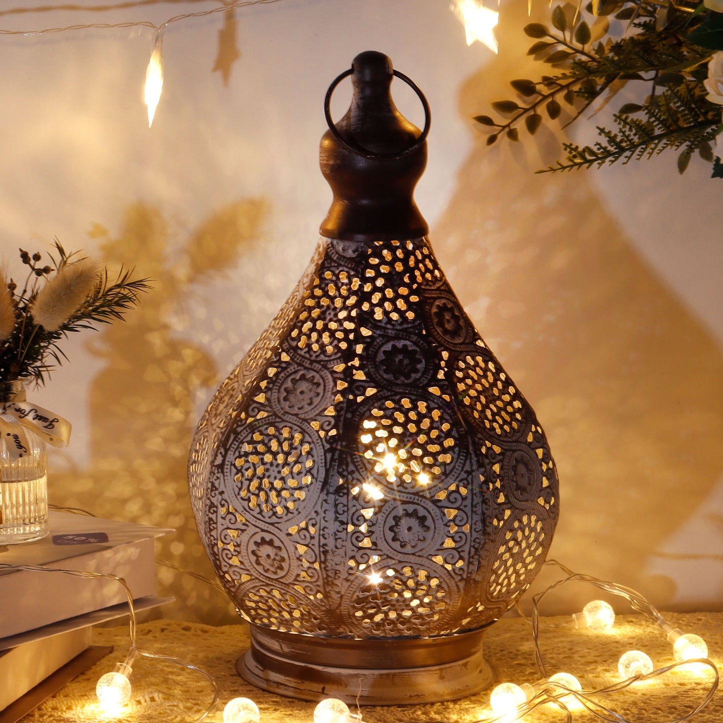 Moroccan-style vintage battery-operated lamp – decorative outdoor/indoor battery-powered lantern with intricate design, warm ambient lighting for home décor, patio, weddings, and festive occasions, portable and elegant.