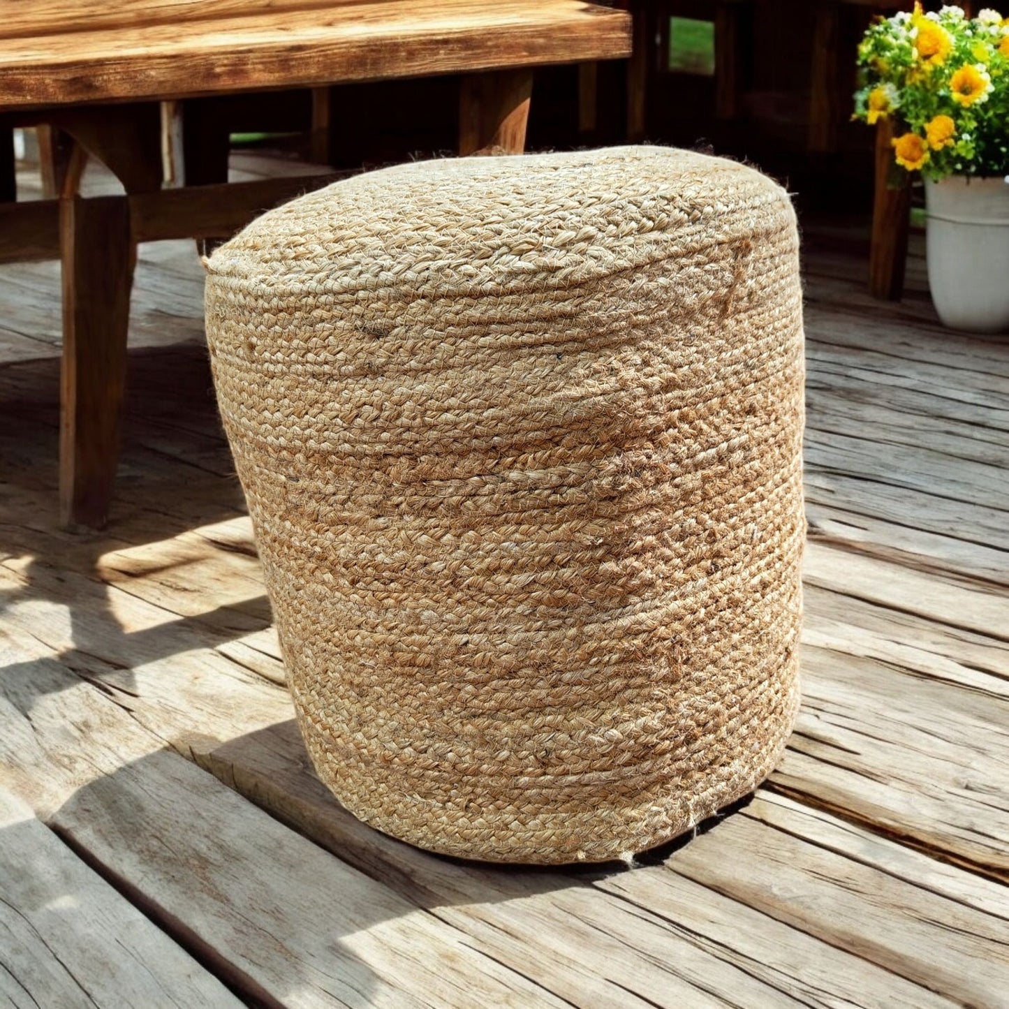 PUNE Round Braided Pouf, Eco-Friendly Jute & Cotton, Multi-Functional Floor Cushion, 40x40x40cm, Natural Beige/Brown, Perfect for Living Room & Bedroom