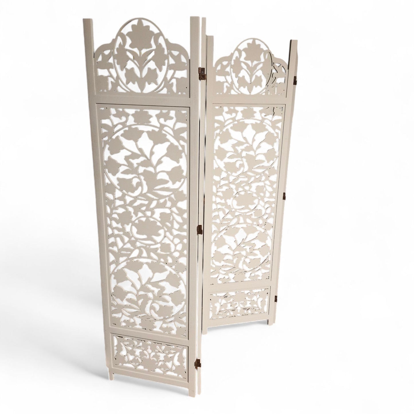 Lotus Antique Light Grey 4 Panel folding Screen 72x80 carved on both sides Handcrafted Wood Room Divider