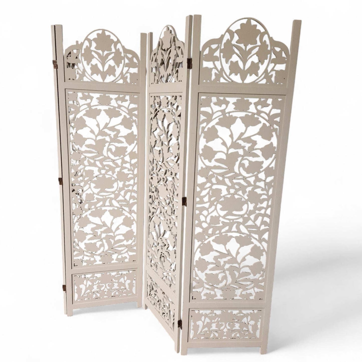 Lotus Antique Light Grey 4 Panel folding Screen 72x80 carved on both sides Handcrafted Wood Room Divider