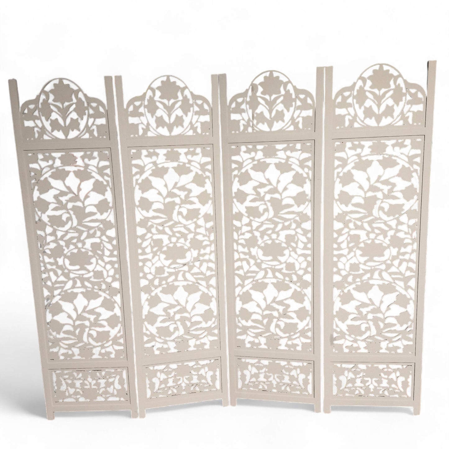 Lotus Antique Light Grey 4 Panel folding Screen 72x80 carved on both sides Handcrafted Wood Room Divider