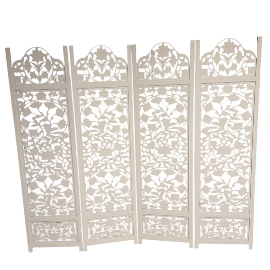 Lotus Antique Light Grey 4 Panel folding Screen 72x80 carved on both sides Handcrafted Wood Room Divider