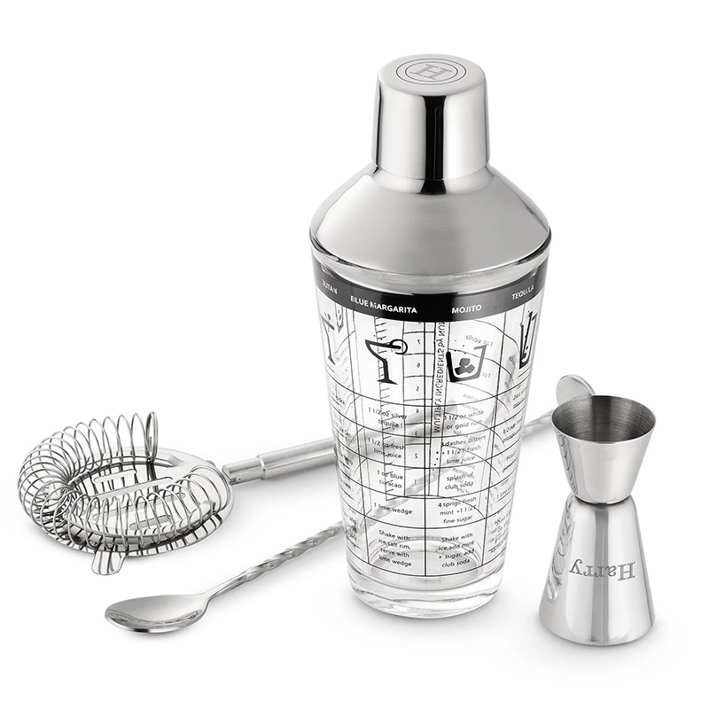 Stainless Steel Lid Glass Body Cocktail Shaker with recipe