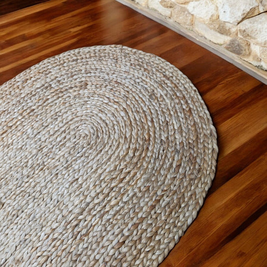 MEERUT Round White/Natural Rug 60x90cm - Handcrafted Cotton Area Rug, Minimalist Boho Style, Lightweight & Durable, Perfect for Living Room, Bedroom, or Nursery - Easy to Clean and Maintain