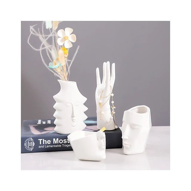 Three Faced Ceramic Flower Vase for Desktop Handicraft Ornaments Home Decoration Elegant Open Top Nordic