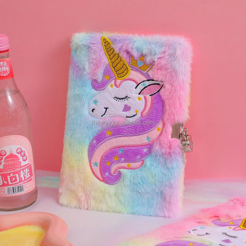 Plush Sparkly Unicorn Kids Diary with Lock Notebook Journal Birthday Christmas Gift Embroidery Fuzzy A5 Secret Diary