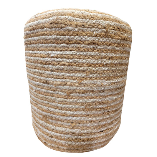 PUNE Striped Jute Braided Round Pouf 40x40x40cm - Handwoven Natural Jute Ottoman, Versatile Seating & Décor, Eco-Friendly, Sturdy, Lightweight Pouf for Living Room, Bedroom, or Patio