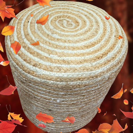 PUNE Striped Jute Braided Round Pouf 40x40x40cm - Handwoven Natural Jute Ottoman, Versatile Seating & Décor, Eco-Friendly, Sturdy, Lightweight Pouf for Living Room, Bedroom, or Patio